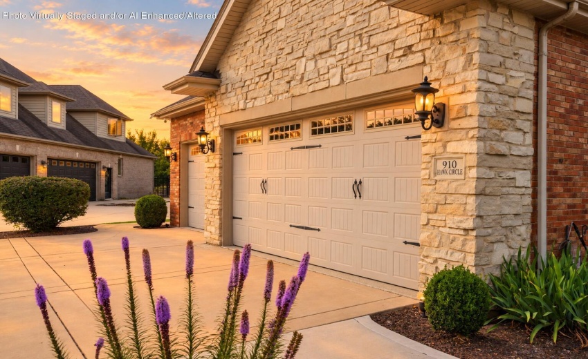 Cream Stone Garage at Sunset