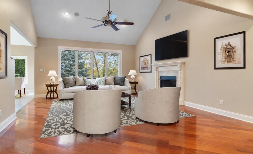 Renovated living room with fireplace and