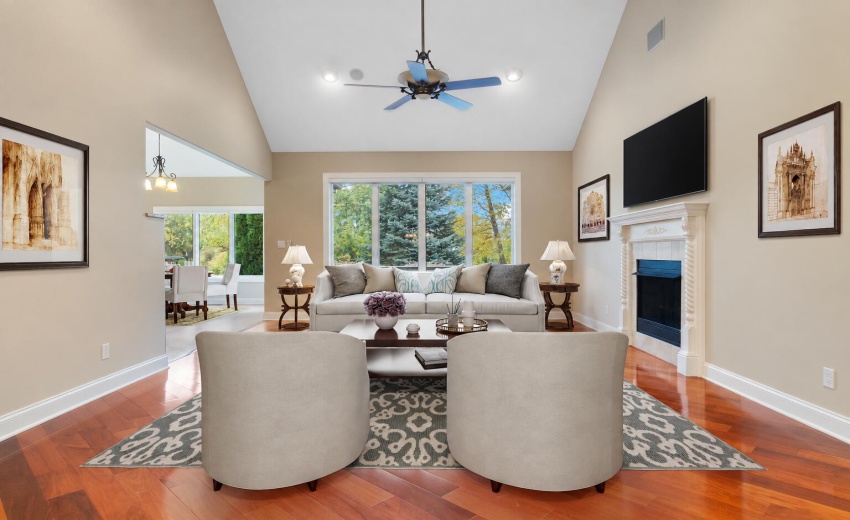 Renovated living room with mounted TV