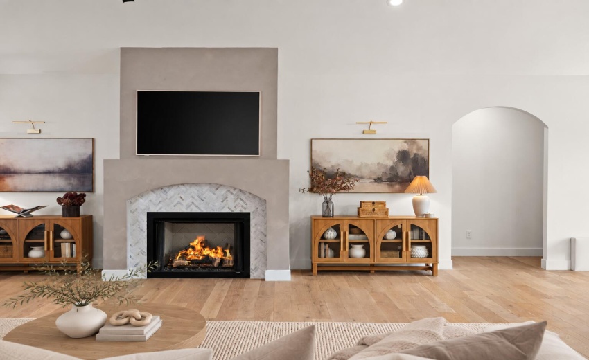 Warm Fireplace with Ivory Furnishings