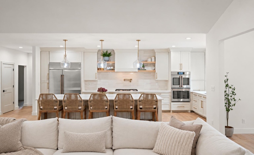 Ivory sectional in an elegant warm kitch