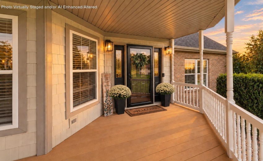 Cream mums frame a sunset porch