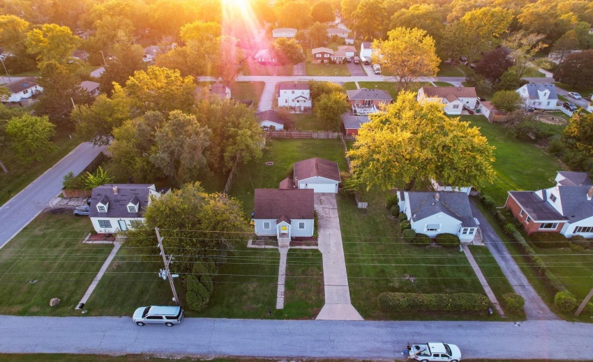 Aerial view of home and street