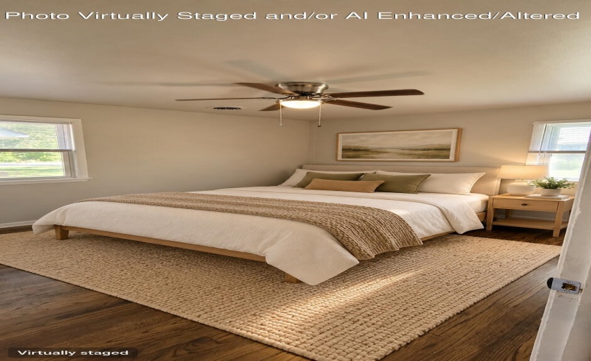 Warmly staged bedroom with oak bed