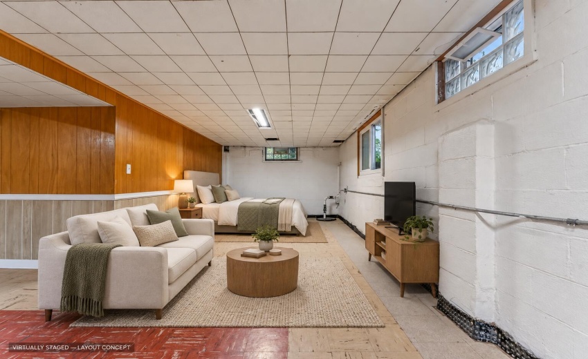 Cozy basement living and sleeping layout