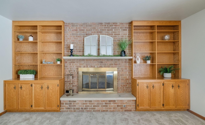 Brick fireplace with built-ins