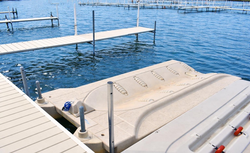 Floating jet ski dock on sparkling water