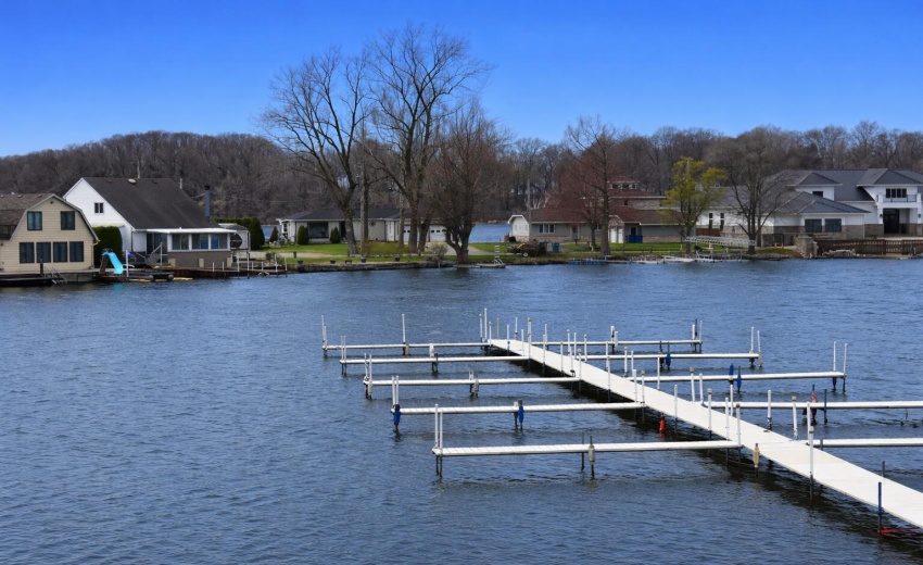 Lakeside docks under a clear sky