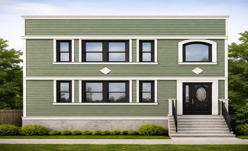 Sage green home with black accents