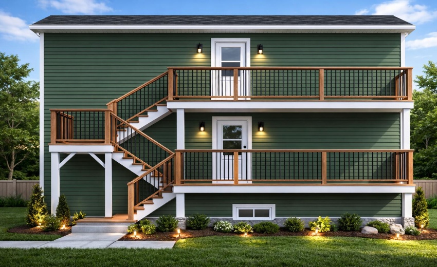 Modern duplex with green siding and balc