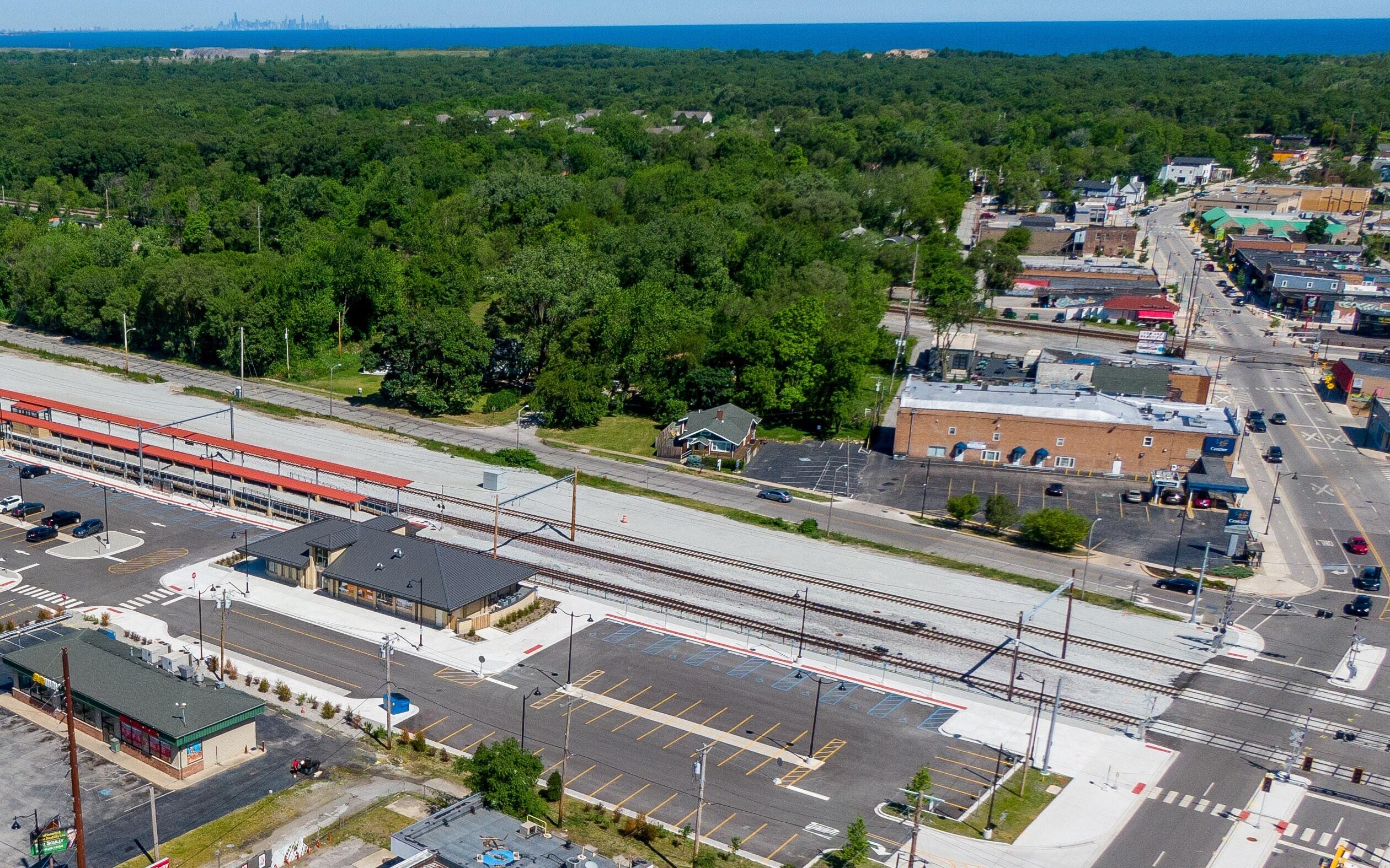 Train and Lake Street with skyline