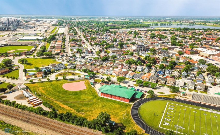 Complex and city looking East drone view