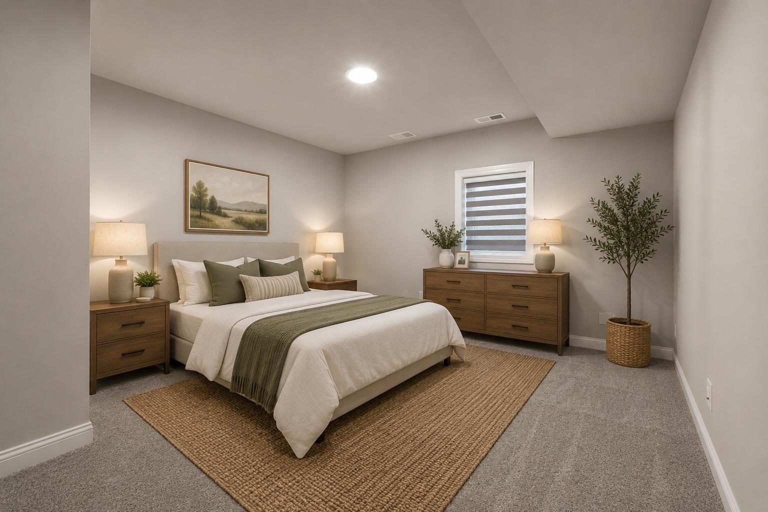 Cozy Neutral Bedroom with Olive Accents
