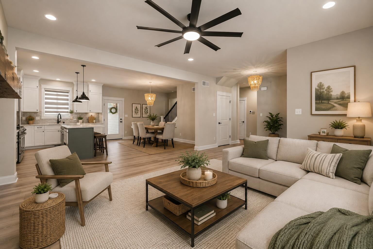 Warm Modern Farmhouse Open-Plan Interior